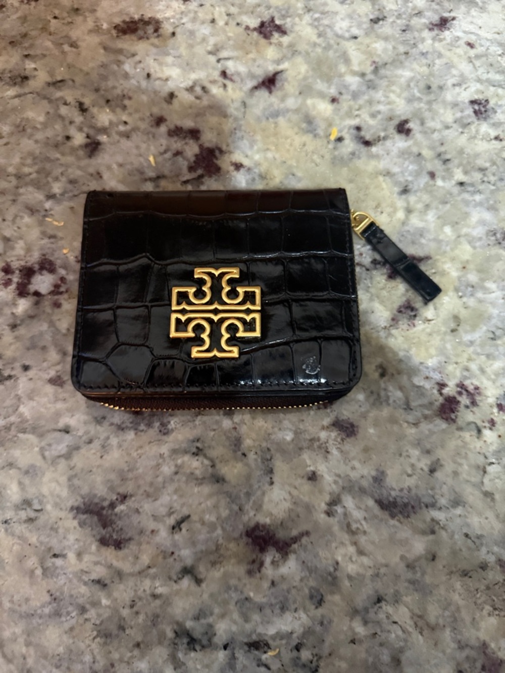 Tory Burch Black Croc-Embossed Mini Wallet with Gold Logo